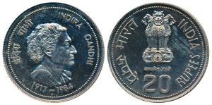 Cupro-Nickel Rupees 20, 1984 Death of Indira Gandhi. Proof like, Brilliant Uncirculated, w
