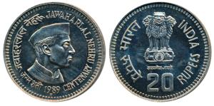 Cupro-Nickel Rupees 20, 1989, Jawaharlal Nehru Birth Centenary. Uncirculated.