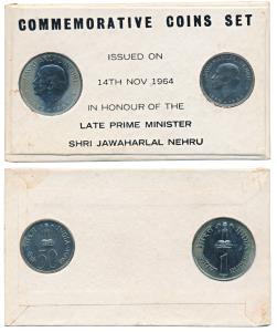 1964 Uncirculated set, Birth Anniversary of Jawaharlal Nehru, set of 2, 50 Paise and 1 Rup