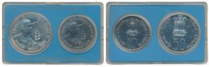 1975 Uncirculated Set, Equality Development and Peace, set of 2, Rupees 10 and 50. In imma