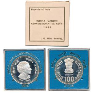 Proof Silver Rupees 100, 1985, Bombay Mint, Death of Indira Gandhi. Proof, In immaculate c