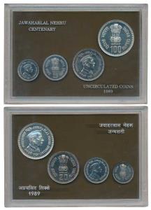 1989 Uncirculated Set, Jawaharlal Nehru Centenary, set of 4, Rupee 1 to 100. In immaculate
