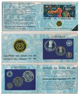 1994 Proof Set, World of work, set of 3, Rupees 5 to 100. In immaculate condition, within 