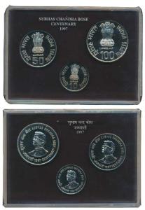 1997 Uncirculated Set, Subhas Chandra Bose Centenary, set of 3, Rupees 10 to Rupees 100. I