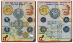 2010 Proof set, Platinum Jubilee of Reserve Bank of India, set of 5, Rupees 75, 10, 5, 2 a