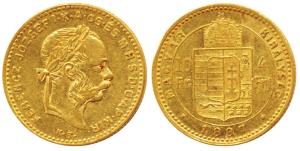 Hungary, Franz Joseph I, Gold 4 Forint / 10 Francs, 3.2g, 1887, shield on rev. (KM 467). E