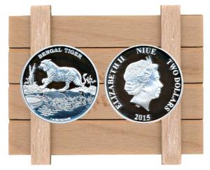 Niue, Elizabeth II, Silver $ 2, 31.1g, 2015, a roaring Bengal Tiger crossing a stream, wit