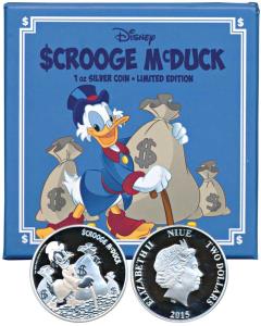 Niue, Elizabeth II, Silver $ 2, 31.1g, 2015, rev. an iconic image of Uncle Scrooge Mc Duck