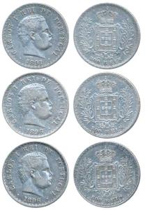 Portugal, Silver 500 Reis (3), Carlos I, 1891 and 1896. Very Fine+. (3)