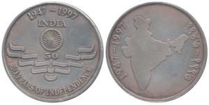 Modern, 50 Years of Independence 1947-1997, Silver Medallion, 50g, rev. map of India. Extr