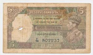 George VI, Rupees 5, 1st Issue, 1938, signed J. B. Taylor, (J&R 3.1). Very Fine+.