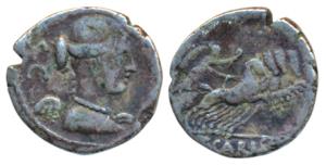 Roman, Carisius (46 BC), Silver Denarius, Rome Mint, 2.93g, obv. draped and winged bust of