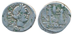 Roman, Egnatuleius (97 AD), Silver Quinarius, 1.7g, obv. laureate head of Apollo, rev. Vic