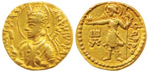 Kushanas, Huvishka (c. 152-192 AD), Gold Dinar, 7.72g, obv. nimbate and helmeted bust of t