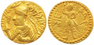 Kushanas, Huvishka, Gold Dinar, 7.95g, obv. nimbate, diademed and crowned bust of the king