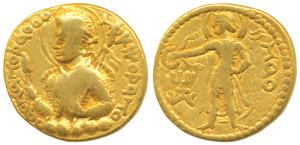 Kushanas, Huvishka, Gold Dinar, 7.69g, obv. nimbate, diademed and crowned bust of the king