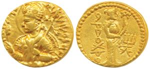 Kushanas, Huvishka, Gold Dinar, 7.85g, obv. nimbate, diademed and crowned bust of the king