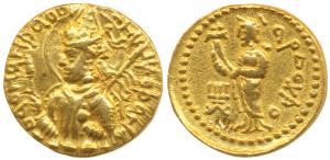Kushanas, Huvishka, Gold Dinar, 8.02g, Mint I (A), 4th emission, obv. nimbate and helmeted