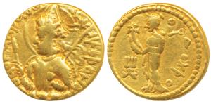 Kushanas, Huvishka, Gold Dinar, 7.80g, obv. nimbate, diademed and crowned bust of the king