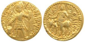 Kushanas, Vasudeva (c. 192-225 AD), Gold Dinar, 7.87g, obv. king nimbate standing left, ho