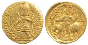 Kushanas, Vasudeva, Gold Dinar, 7.68g, obv. king nimbate standing left, holding a trident 