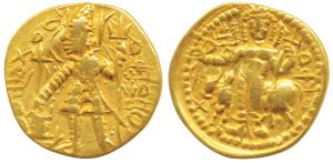 Kushanas, Vasudeva, Gold Dinar, 7.69g, obv. king nimbate standing left, holding a trident 