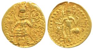 Kushanas, Vasudeva, Gold Dinar, 8.01g, obv. king nimbate standing left, holding a trident 