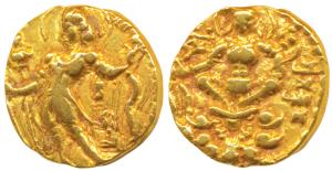 Guptas, Chandragupta II, Gold Dinar, 7.84g, ’Archer’ type, obv. king nimbate, standing lef