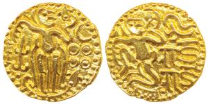 Imperial Cholas, Raja Raja I, Base Gold Kahavanu, 4.41g, obv. king seated right, arm on ri