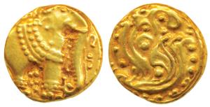 Western Gangas, Gold Gajapati Pagoda, 3.89g, obv. caparisoned elephant to right chewing su