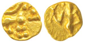 Hoysalas, Gold Fanam, 0.11g, obv. mythical deity, rev. lion to right. Extremely Fine, Rare