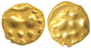 Hoysala, Gold Fanam, 0.41g, deity on obv., lion on rev. Very Fine+.
