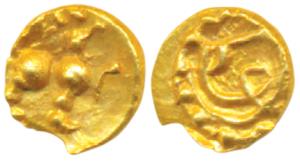 Hoysalas, Gold Fanam, 0.4g, obv. lion to right, rev. Kannada legend ’Sri’, Unlisted. Extre
