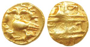 Vijayanagar, Achyuta Deva Raya (1529-1542 AD), Gold ½ Pagoda, 1.68g, obv. Gandabherunda (2
