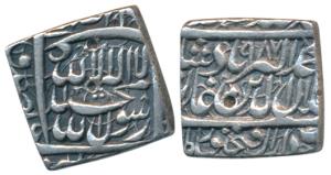 Akbar, Silver Square Rupee, 11.1g, Dar us-Sultanate Fathpur Mint, AH 987, Kalmia type (KM 