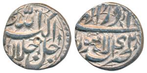 Akbar, Silver ½ Rupee, 5.64g, Lahore Mint, Ilahi type, Month Azar, Year 42 (KM 66.3). Extr