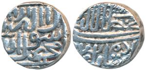 Akbar, Silver Tanka, 6.87g, Malwa issue, No Mint, AH 97X in top right corner, obv. Kalima 