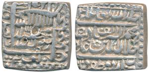 Akbar, Silver Square Rupee, 11.39g, Urdu Zafar Qarin Mint, Kalima type, AH Alif (1000), co