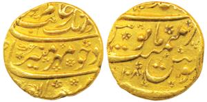 Aurangzeb, Gold Mohur, 10.9g, Ahmednagar Mint, AH 1086, mint name at top with floral attri