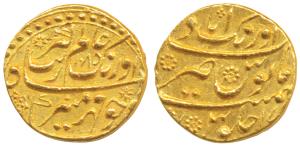 Aurangzeb, Gold Mohur, 10.95g, Aurangabad Mint, AH 1085, complete mint name at top on rev.