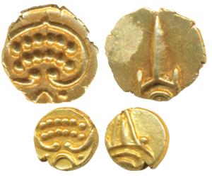 Tanjavore, Venkoji, Gold Fanam (2), Katar on obv., degenerate Kali on rev. (M&W T3, p.184)