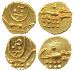 Tanjavore, Venkoji, Gold Fanam, 0.38g, ’Kali’ design with letter ’Ve’ on obv., stylized la