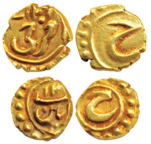 Tipu Sultan, Gold Fanam (2), Farukhi and Patan Mints, AM 12XX and (12)21, Persian letter ’