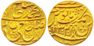 Najibabad Mint, Gold Mohur, 10.7g, in the name of Shah Alam II, RY 32, fish as mint mark o