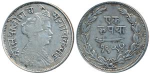 Sayaji Rao III (VS 1932-1995, 1875-1938 AD), Silver Rupee, 11.29g, Small flan, VS 1954 (KM