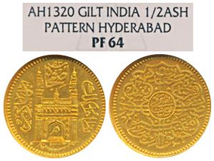 Mir Mahbub Ali Khan (AH 1285-1329, 1869-1911 AD), Silver Gold Gilt Pattern ½ Ashrafi, Meem