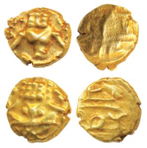 Krishna Raja Wodeyar (AH 1225-1285, 1810-1868 AD), Gold Fanam (2), obv. seated Narasimha, 