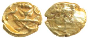 Krishna Raja Wodeyar, Gold Fanam, obv. seated Narasimha, rev. Kanarese legend Kanthirava N