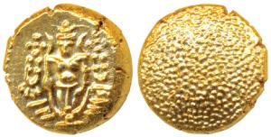 Negapatnam, Gold Pagoda, 3.44g, Lazy J with Lord Vishnu standing, facing front on obv., gr