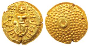 Gold Pagoda, 3.4g, obv. Lord Vishnu standing, facing front, rev. crescent within a granula